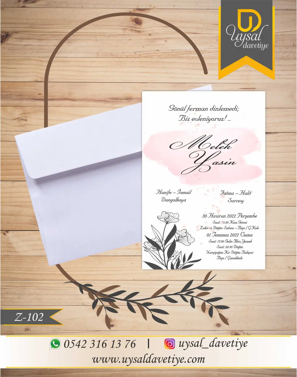 Z-102 Çiçekli Ekonomik Düğün Davetiyesi