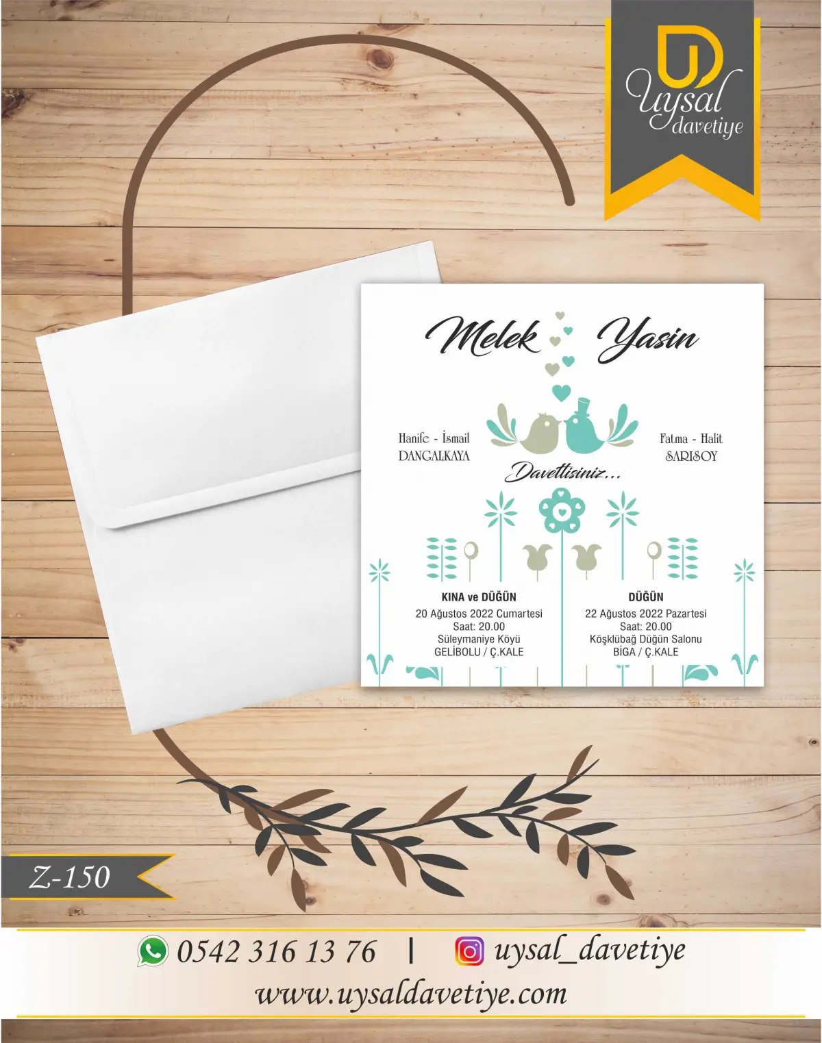 Z-150 Kuş Desenli Kare Ekonomik Düğün Davetiyesi