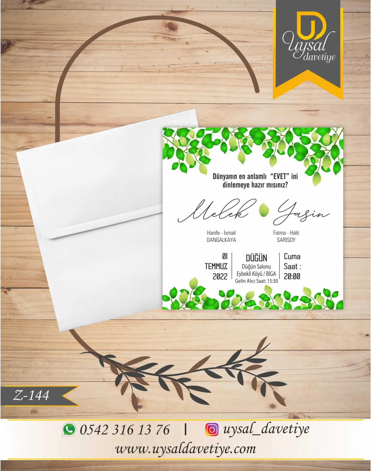 Z-144 Yeşil Yaprak Çerçeveli Kare Ekonomik Düğün Davetiyesi
