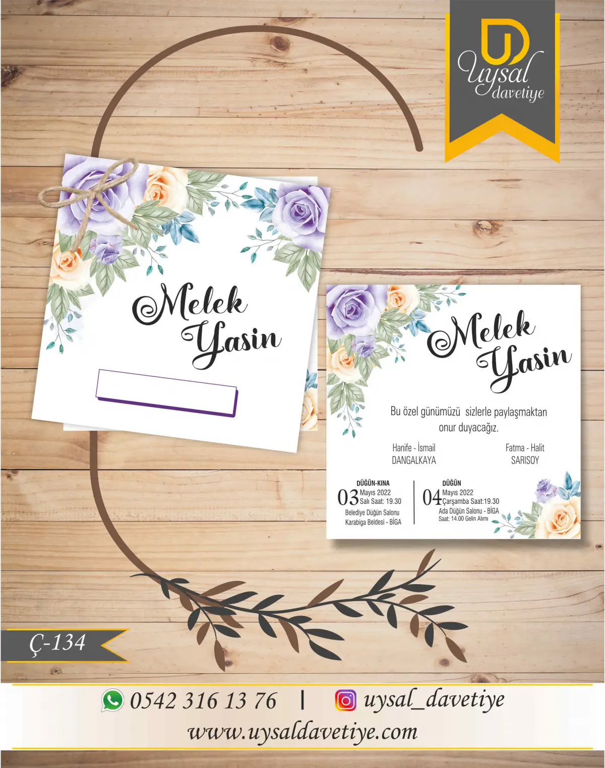 Ç-134 Çiçekli Kare Çiftli/İpli Ekonomik Düğün Davetiyesi