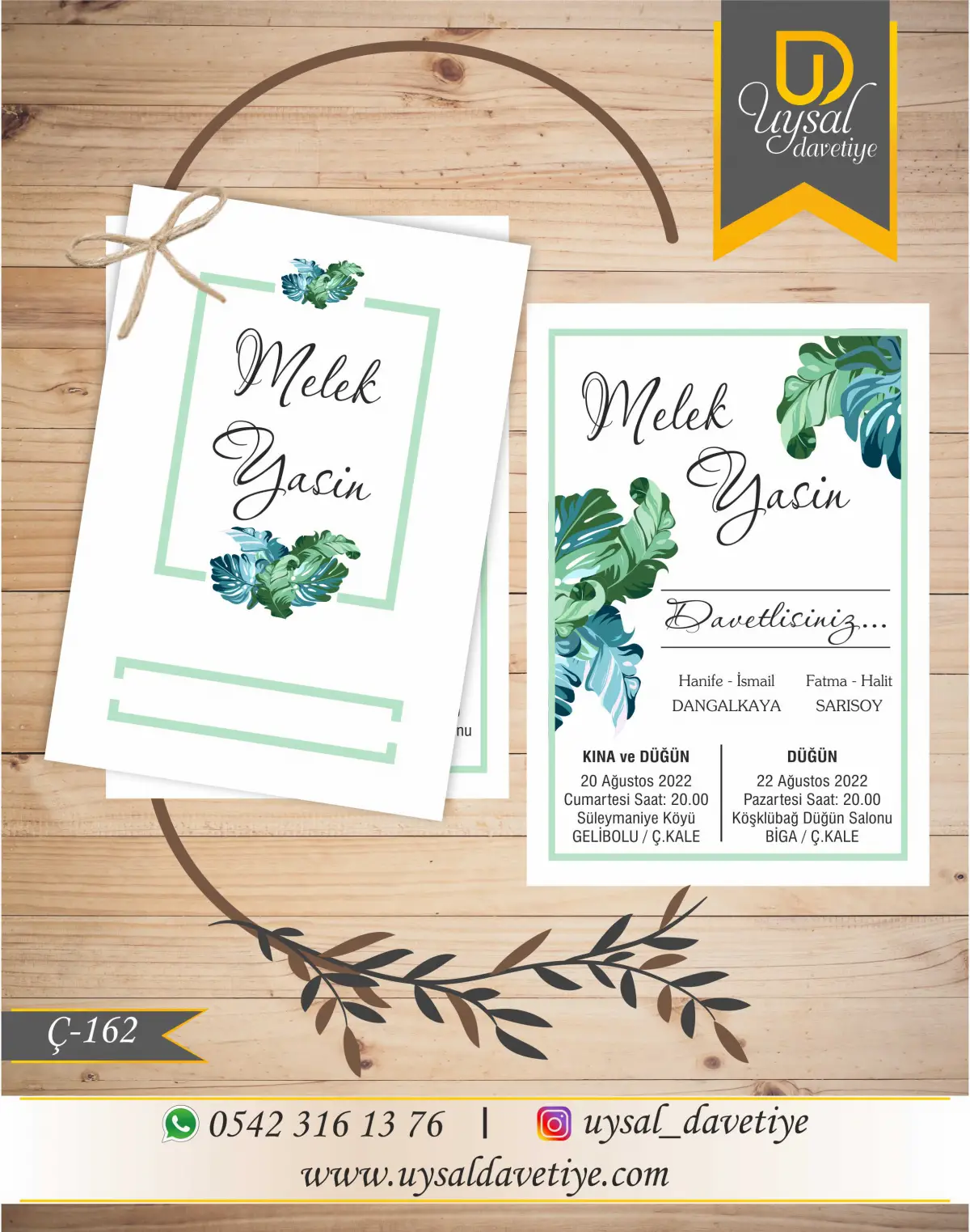 Ç-162 Mavi&Yeşil Yapraklı Çiftli/İpli Ekonomik Düğün Davetiyesi