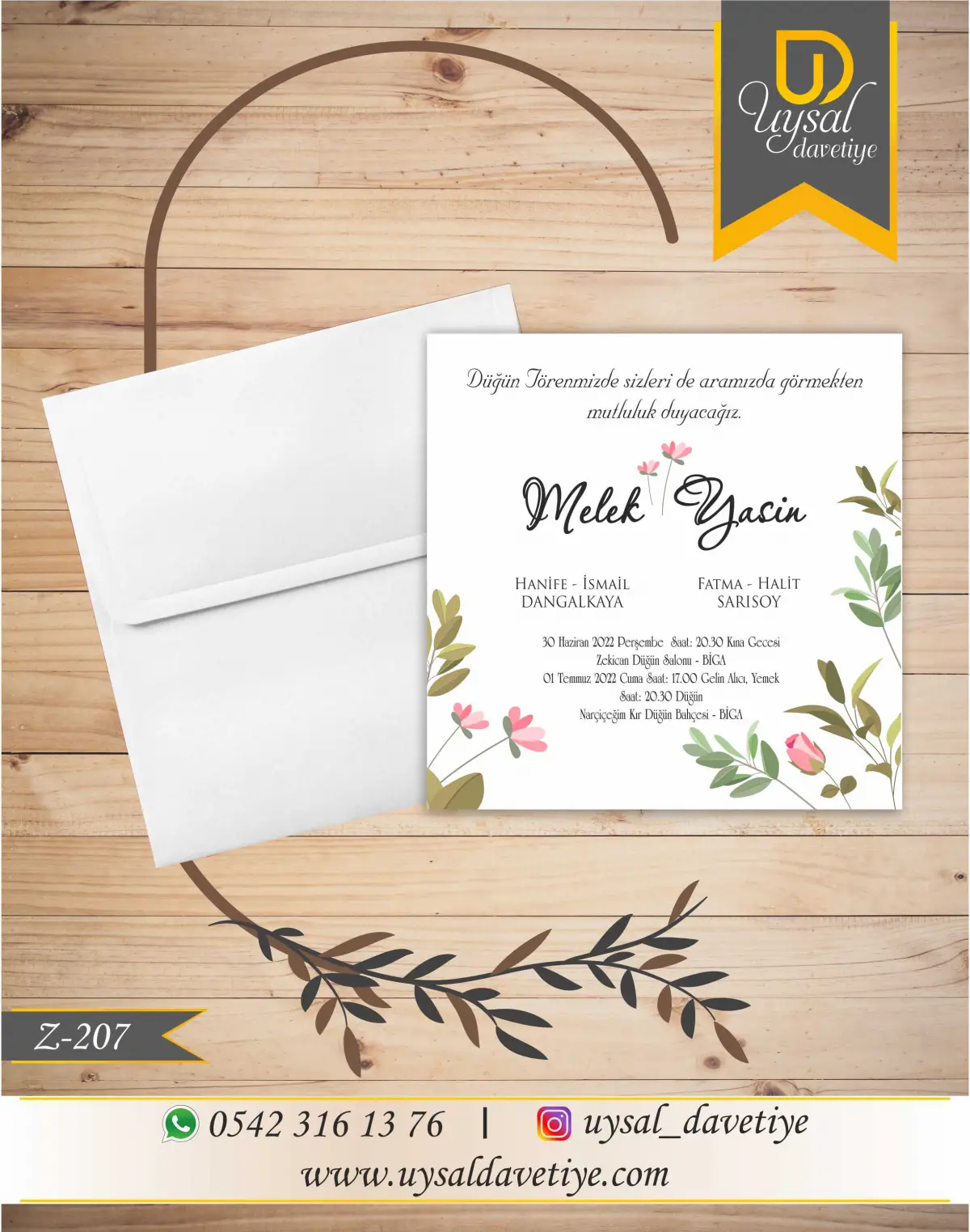 Z-207 Çiçekli Kare Ekonomik Düğün Davetiyesi