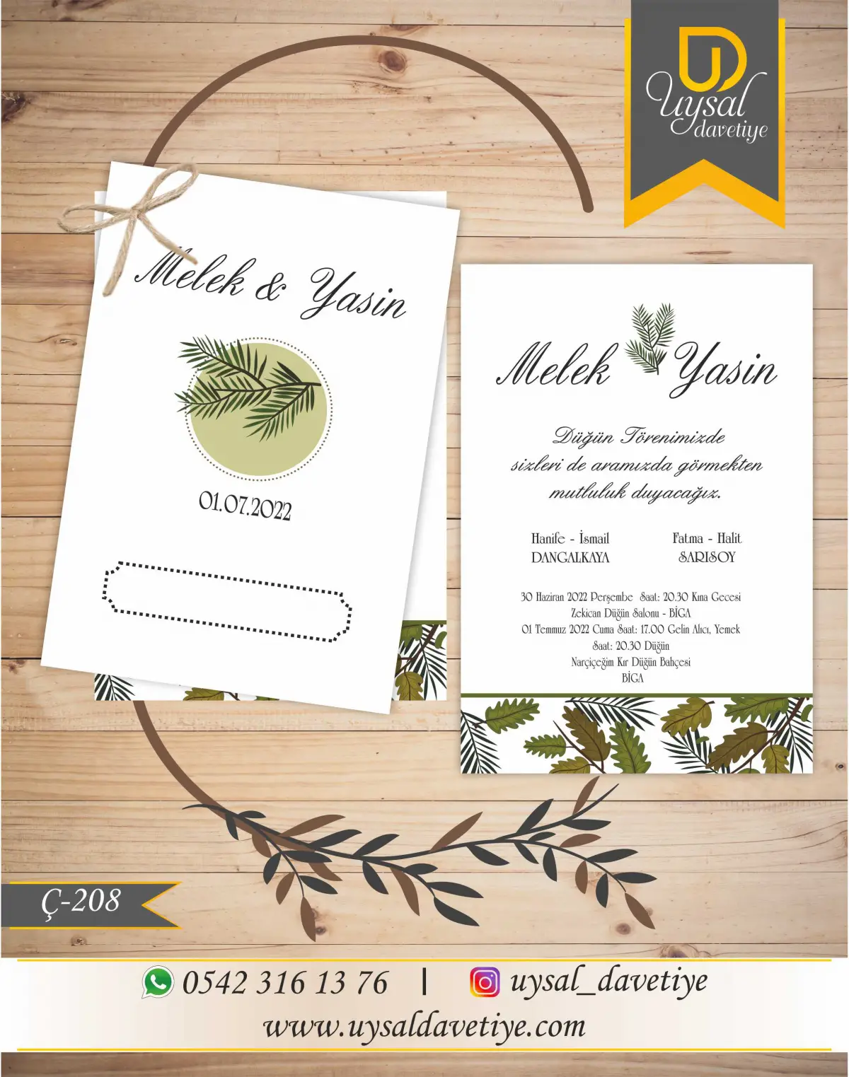 Ç-208  Yapraklı Ekonomik Düğün Davetiyesi