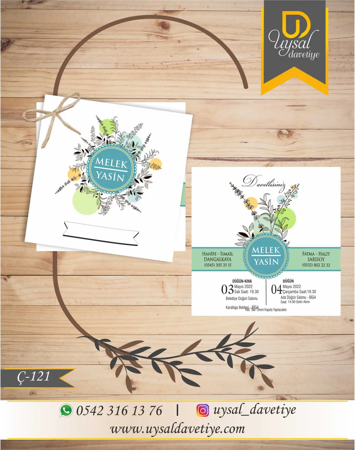 Ç-121 Kare Çiftli/İpli Ekonomik Düğün Davetiyesi