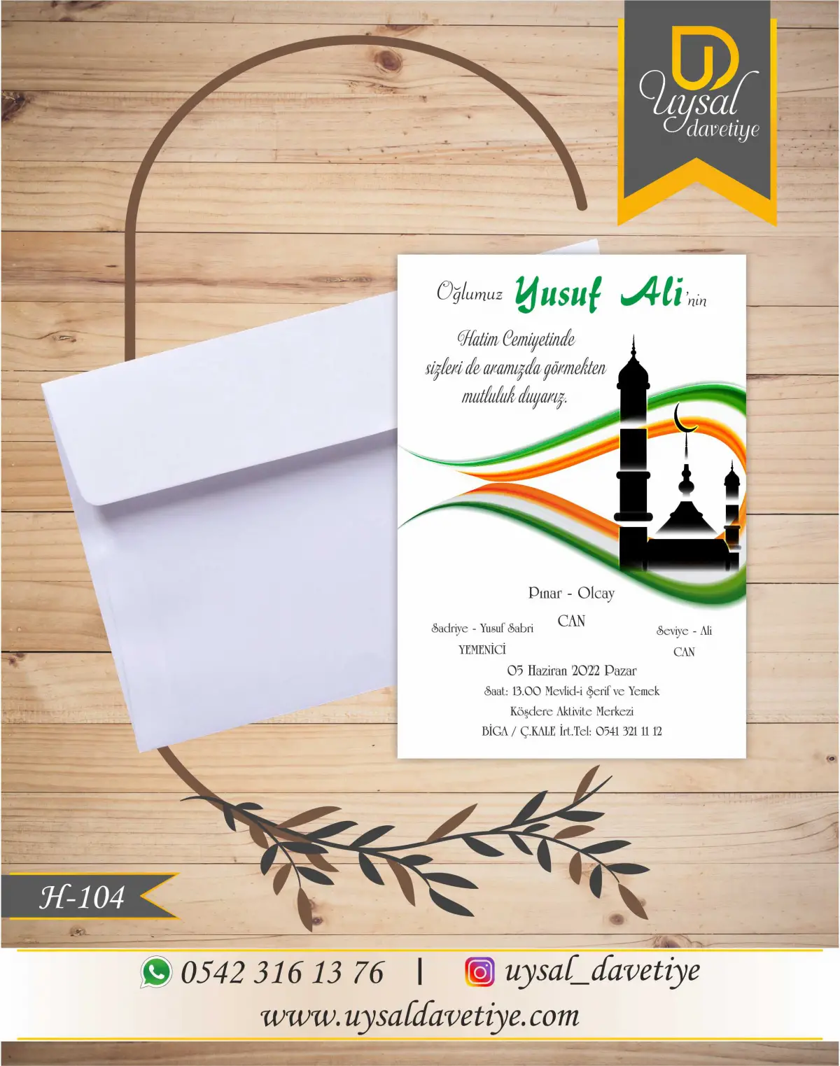 H-104 Lale&Camii Desenli Ekonomik Hatim Davetiyesi