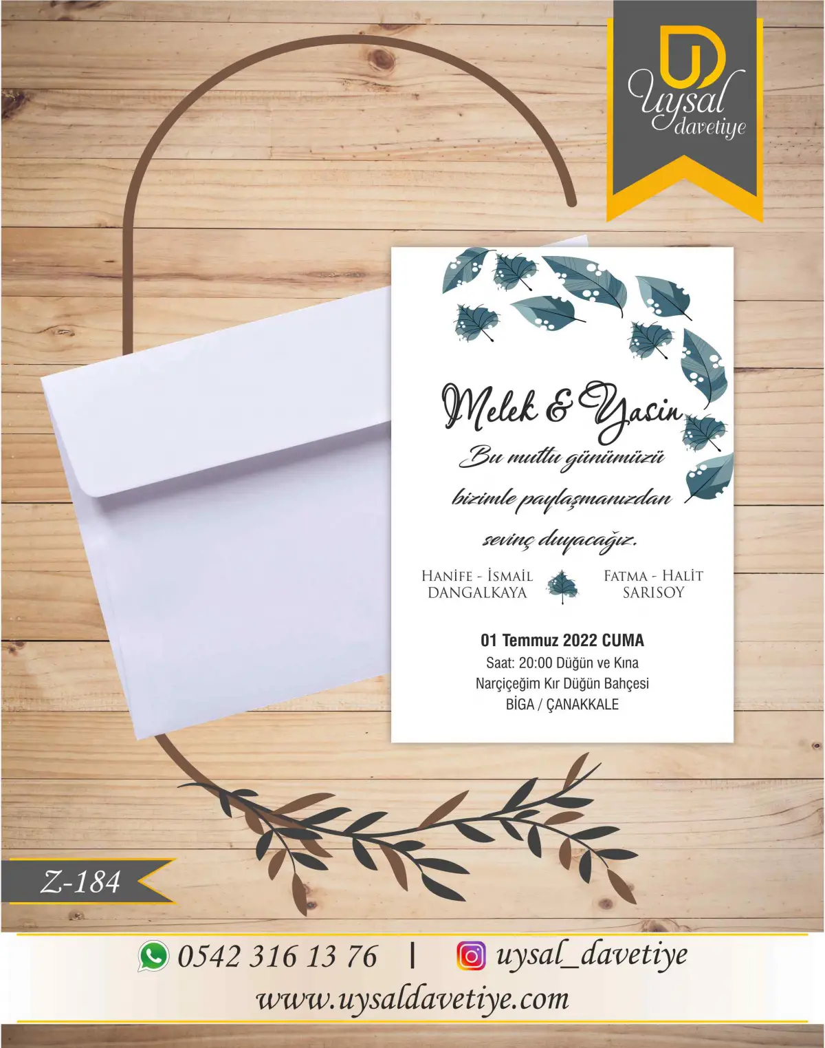 Z-184 Yapraklı Ekonomik Düğün Davetiyesi
