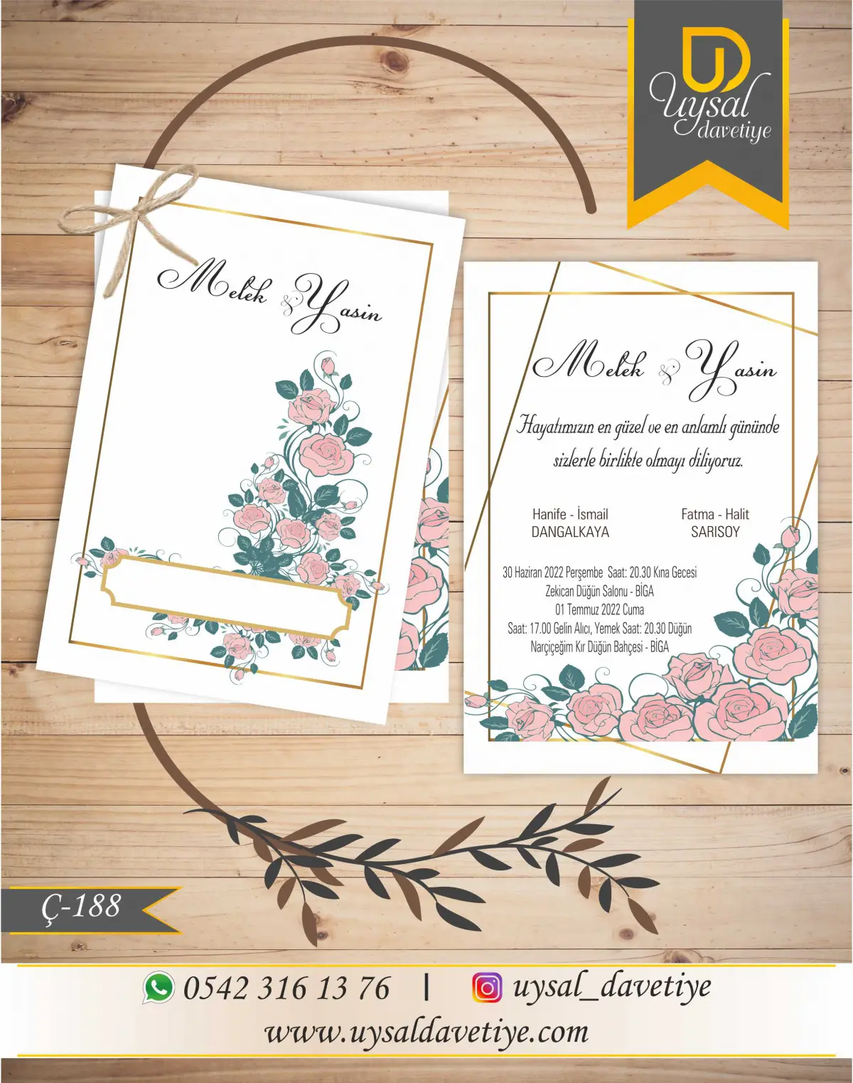 Ç-188 Güllü Çiftli/İpli Ekonomik Düğün Davetiyesi