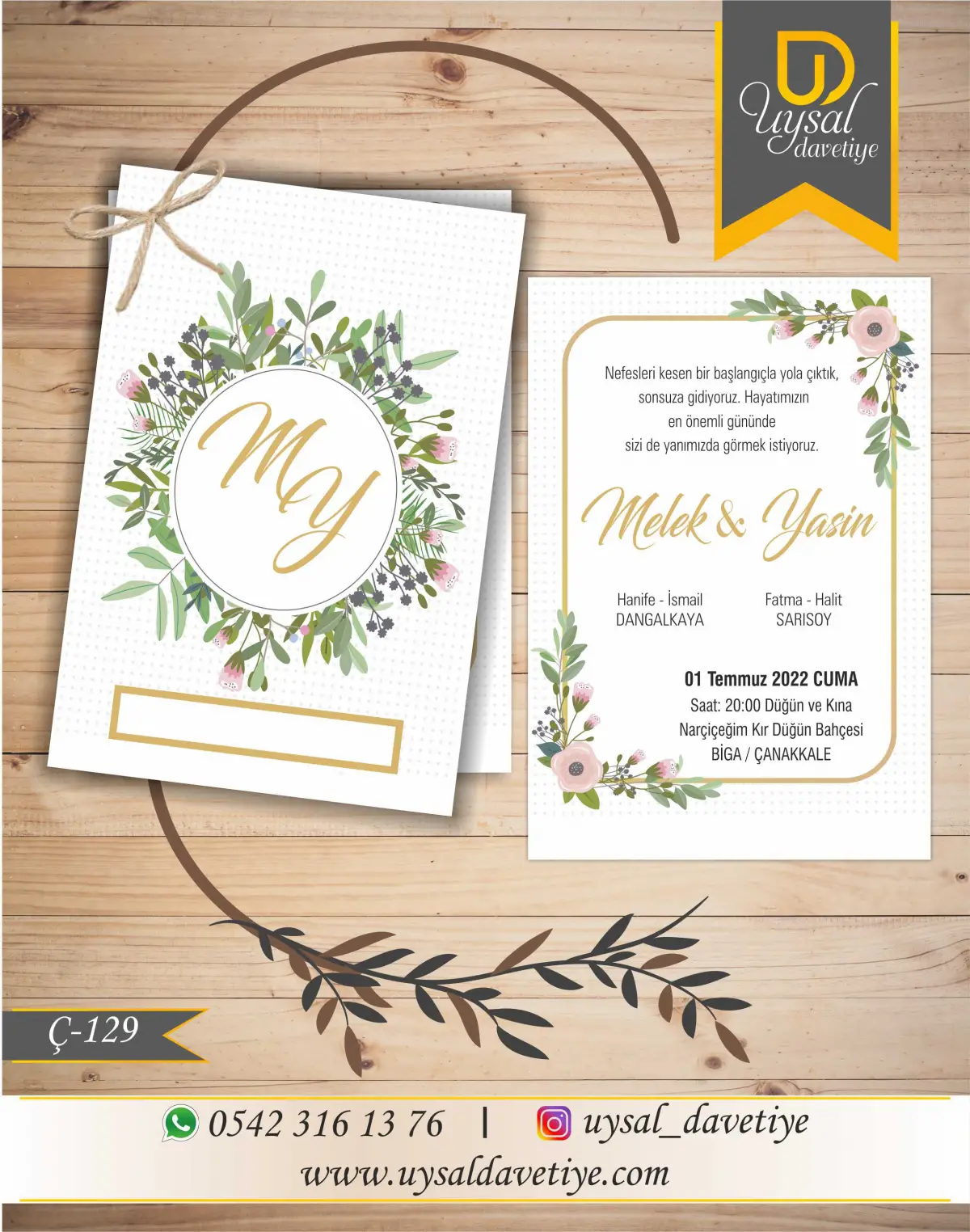 Ç-129 Çiçekli Çiftli/İpli Ekonomik Düğün Davetiyesi