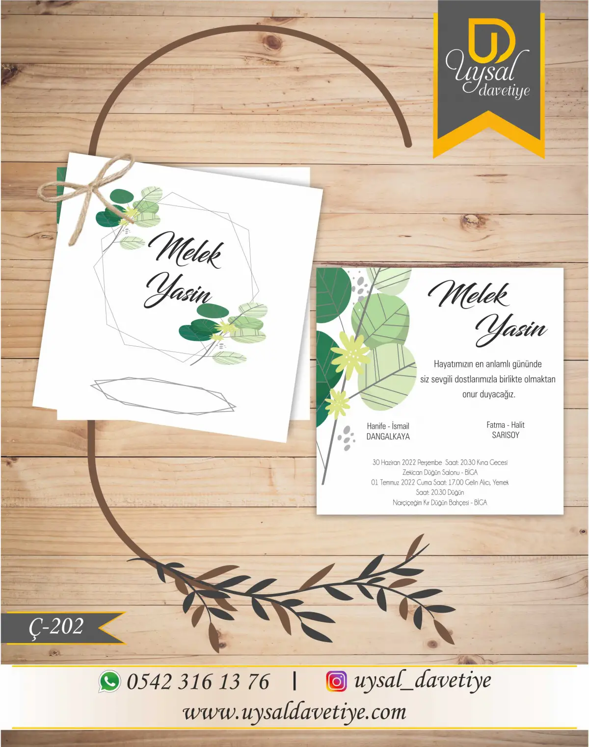 Ç-202 Yeşil Yapraklı Kare Çiftli/İpli Ekonomik Düğün Davetiyesi