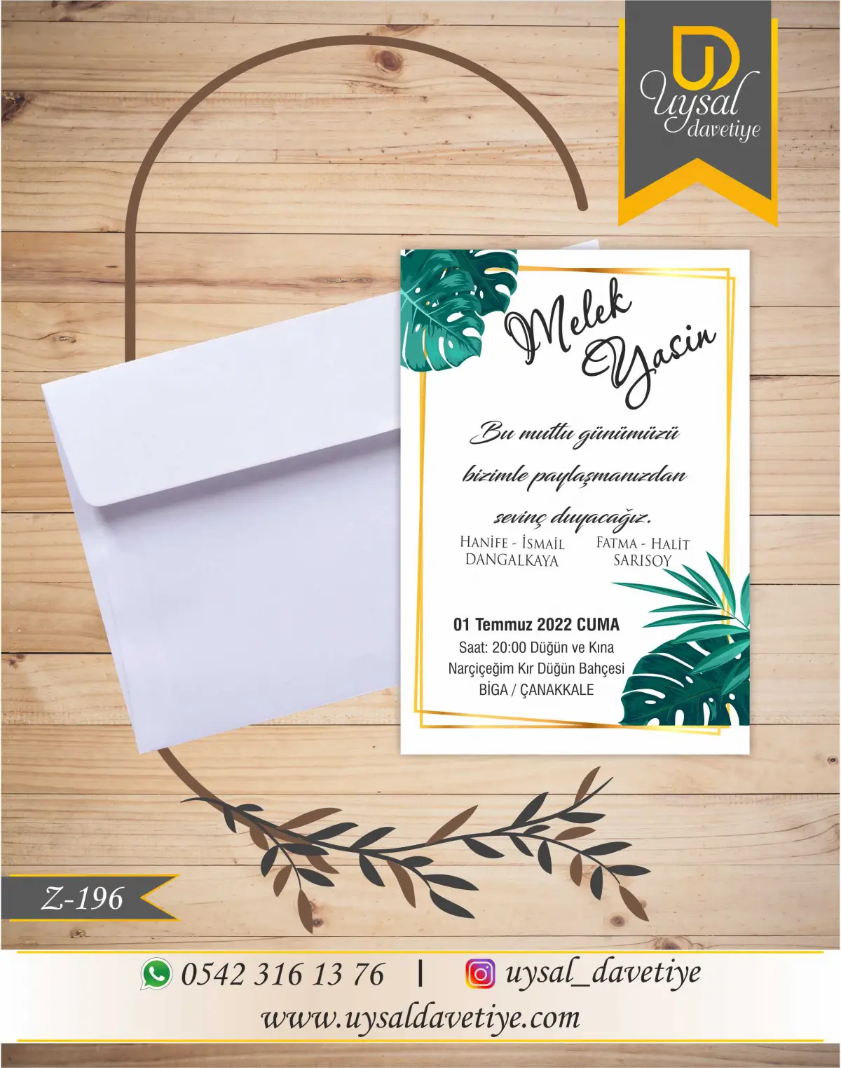Z-196 Deniz Yeşili Yapraklı Çerçeveli Ekonomik Düğün Davetiyesi
