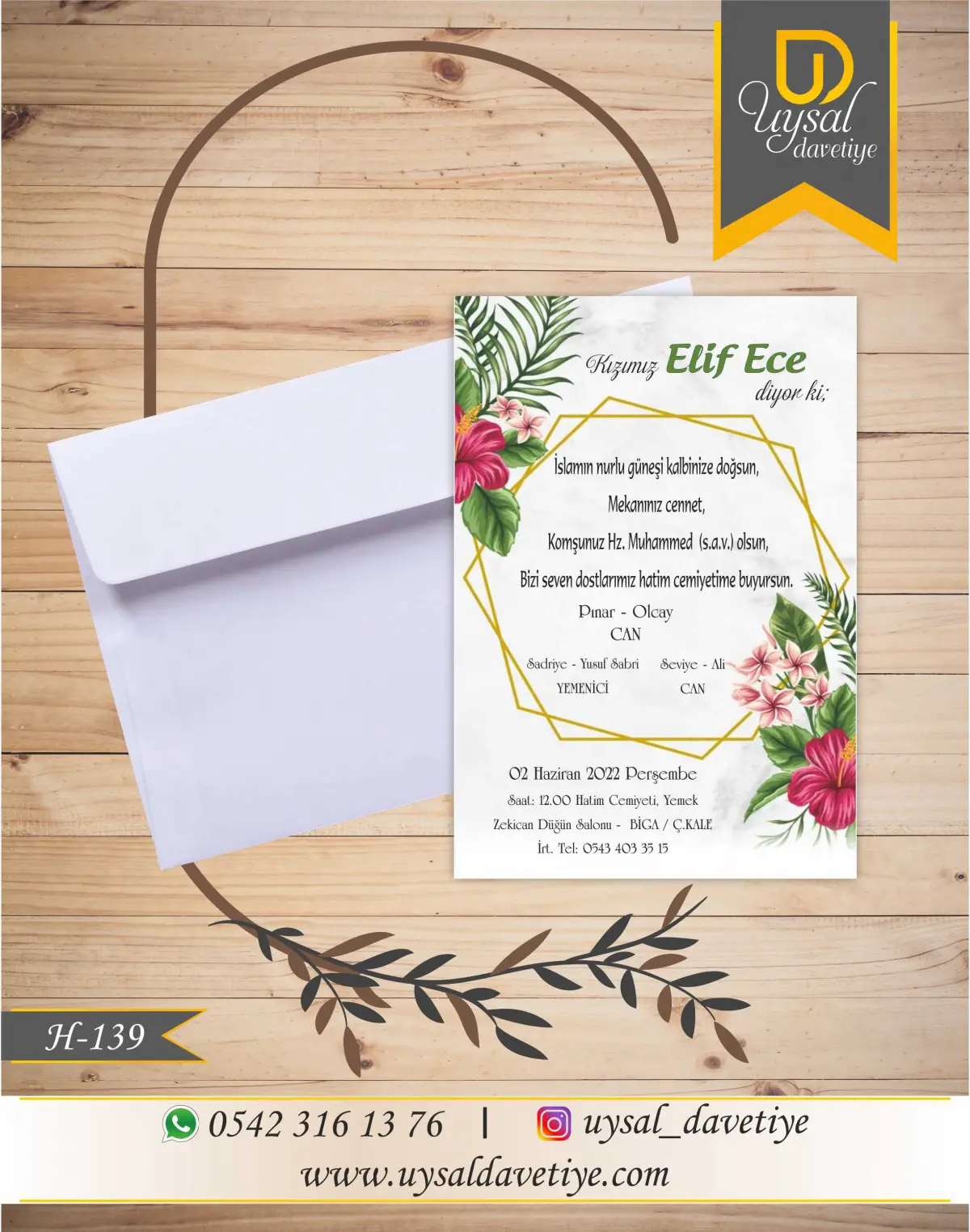 H-139 Çiçek Çerçeveli Ekonomik Hatim Davetiyesi