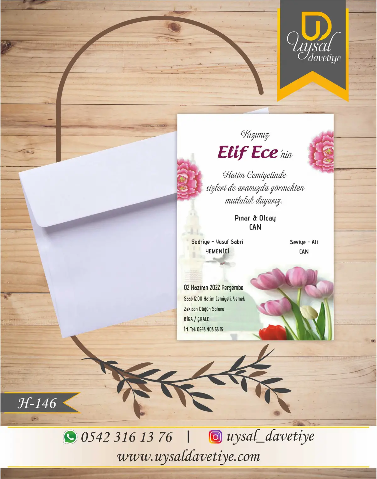 H-146 Çiçekli Ekonomik Hatim Davetiyesi