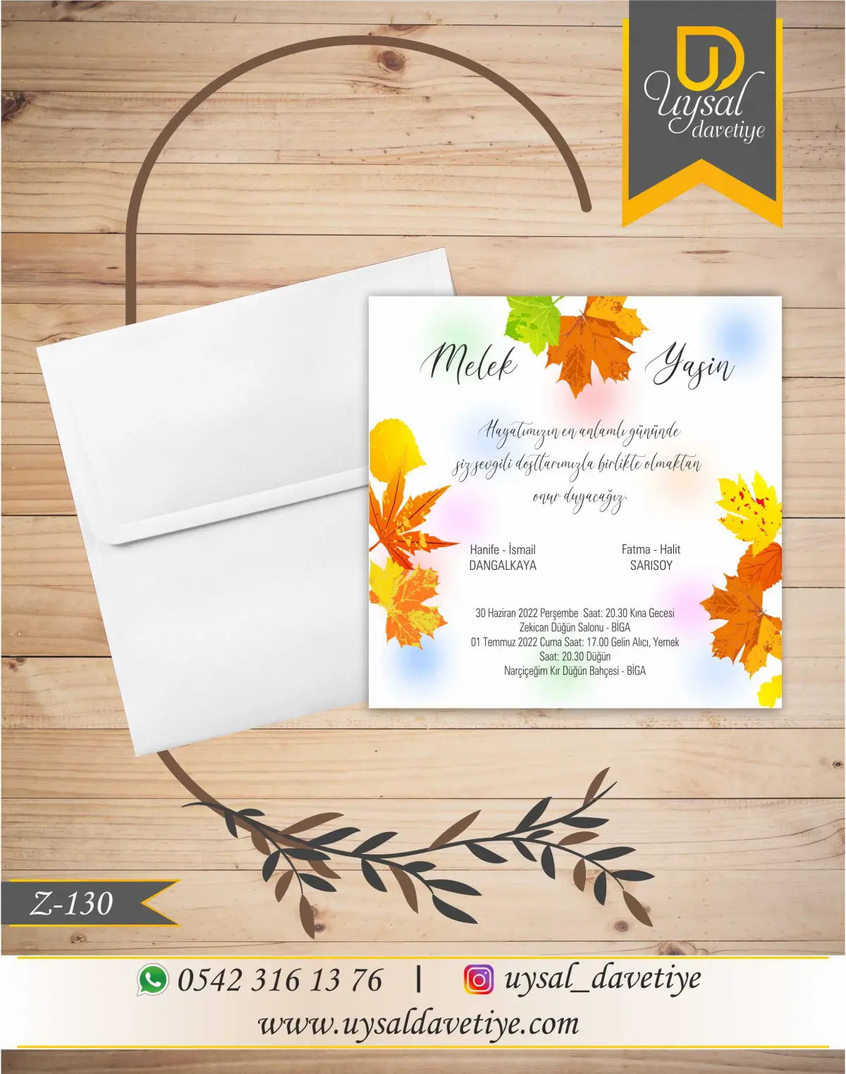 Z-130 Sonbahar Yapraklı Kare Ekonomik Düğün Davetiyesi