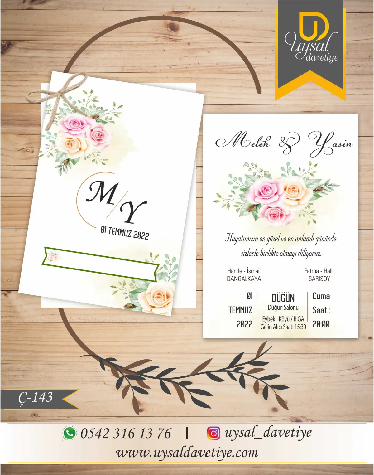 Ç-143 Güllü Çiftli/İpli Ekonomik Düğün Davetiyesi