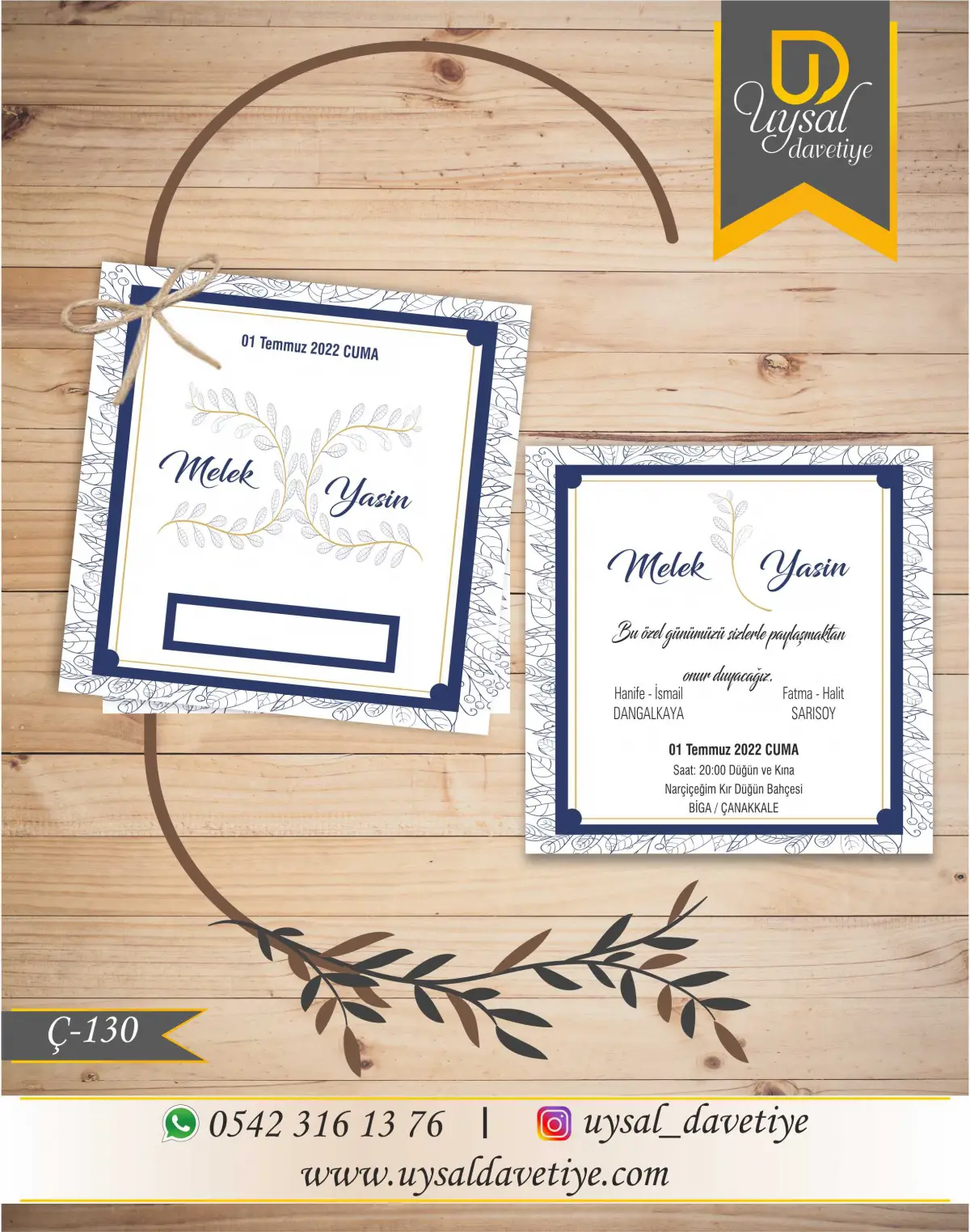 Ç-130 Lacivert Çerçeveli Kare Çiftli/İpli Ekonomik Düğün Davetiyesi