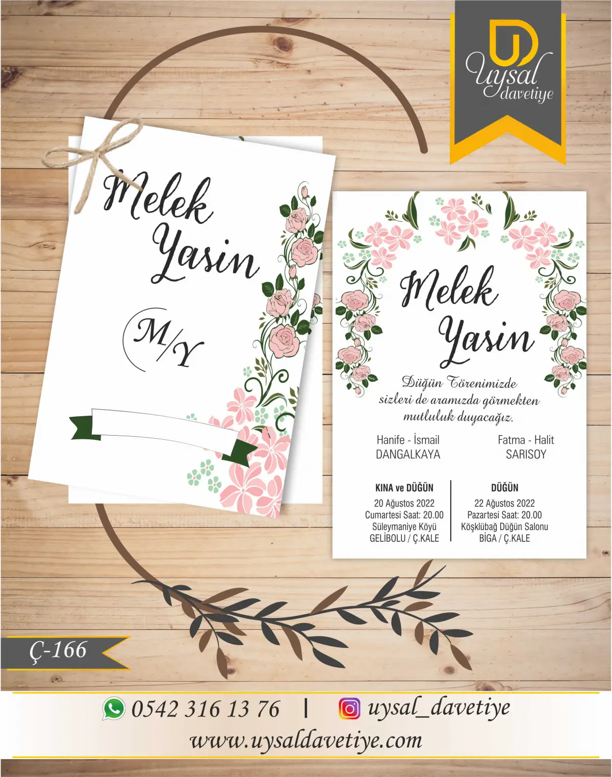 Ç-166 Çiçekli Çiftli/İpli Ekonomik Düğün Davetiyesi
