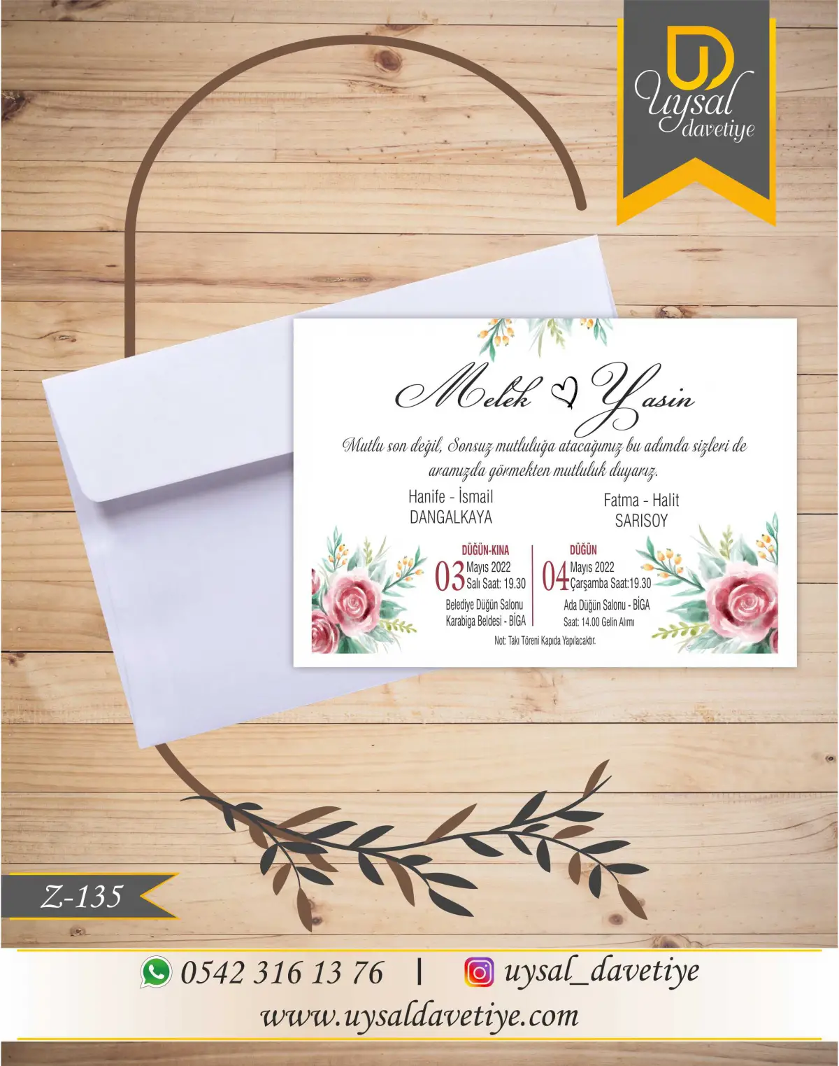 Z-135 Güllü Ekonomik Düğün Davetiyesi