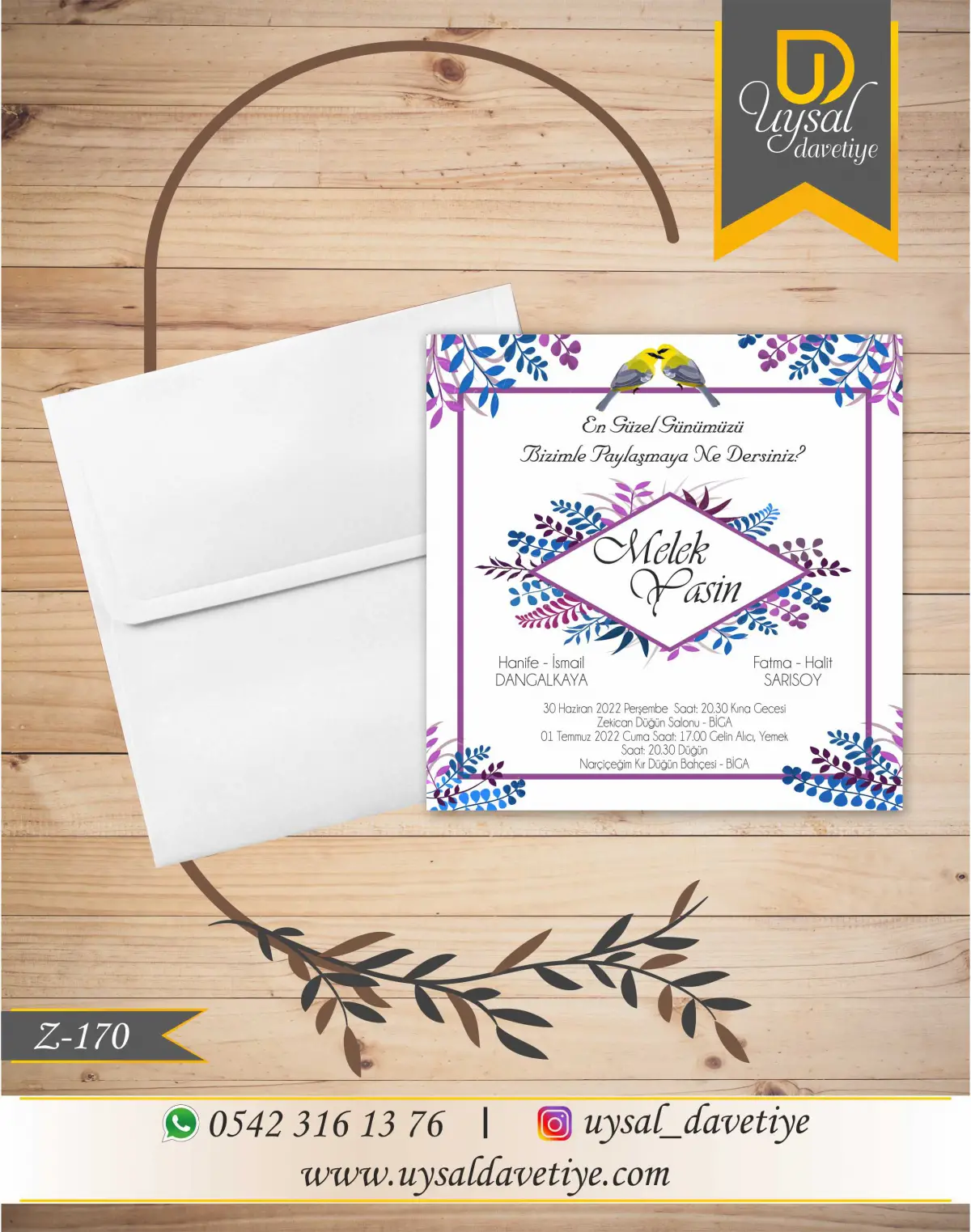 Z-170 Yaprak Çerçeveli Kare Ekonomik Düğün Davetiyesi