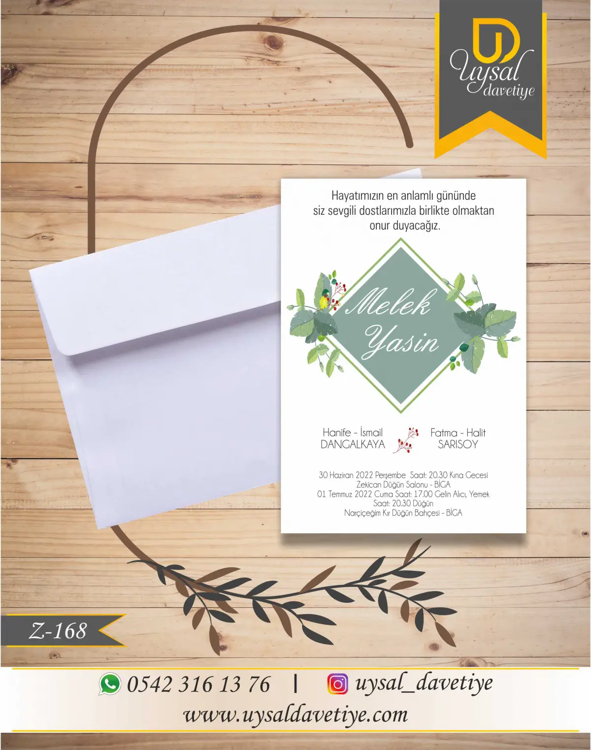 Z-168 Yaprak Desenli Ekonomik Düğün Davetiyesi
