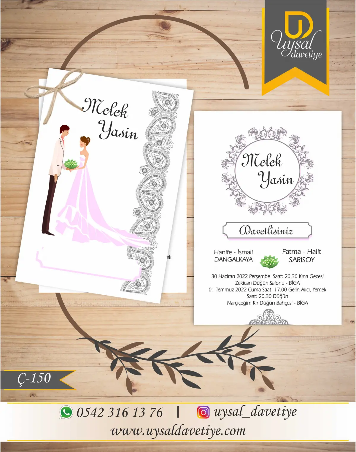 Ç-150 Gelin&Damatlı Çiftli/İpli Ekonomik Düğün Davetiyesi