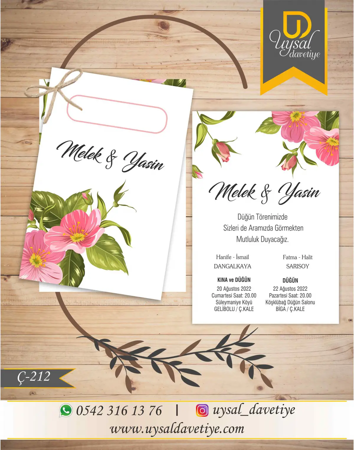 Ç-212 Çiçekli Ekonomik Düğün Davetiyesi