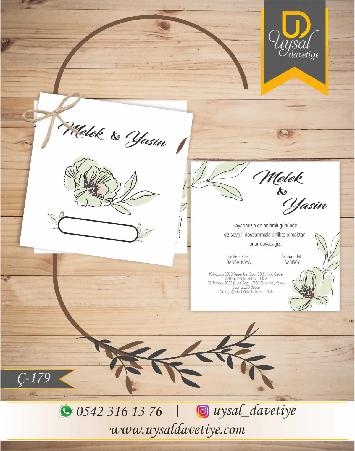 Ç-179 Kare Çiftli/İpli Ekonomik Düğün Davetiyesi