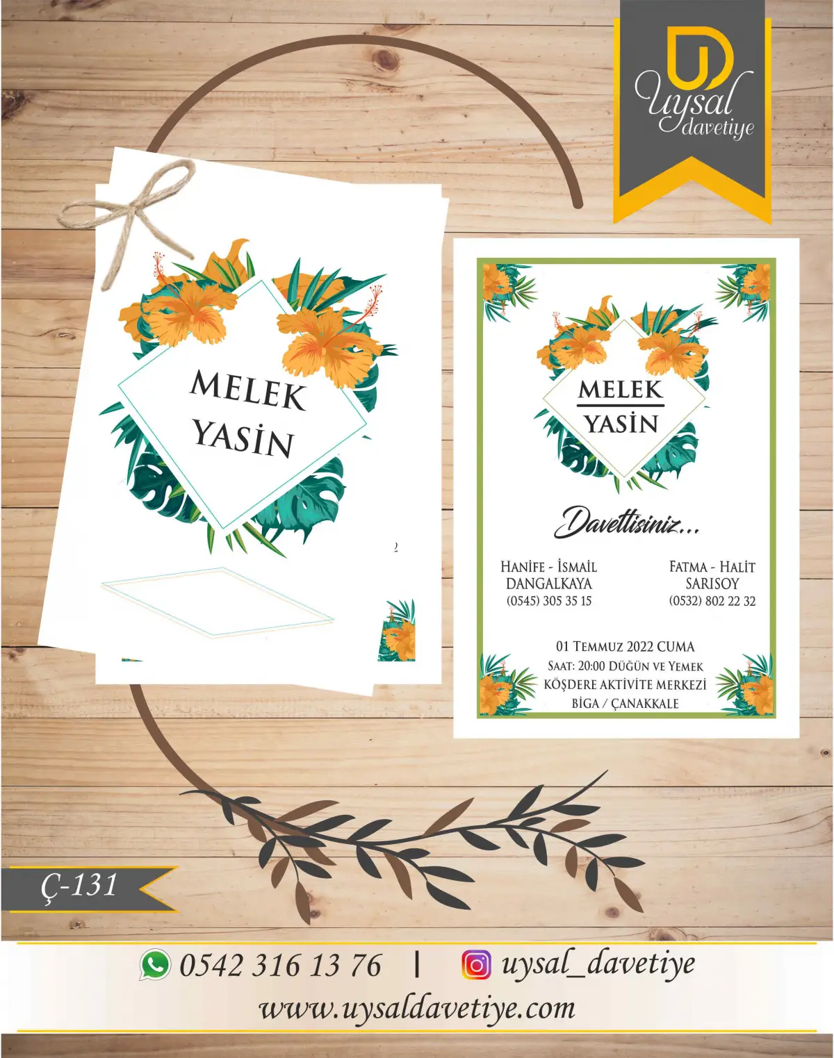 Ç-131 Çiçekli Çiftli/İpli Ekonomik Düğün Davetiyesi
