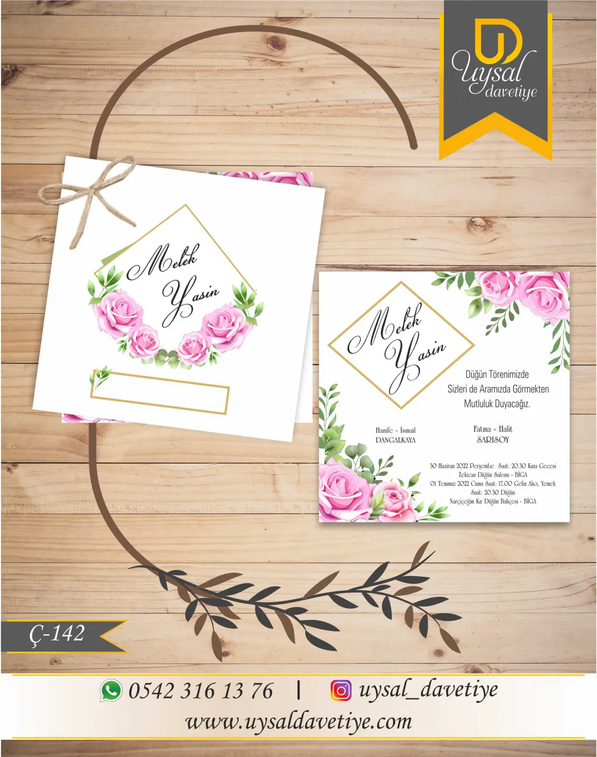 Ç-142 Pembe Güllü Kare Çiftli/İpli Ekonomik Düğün Davetiyesi