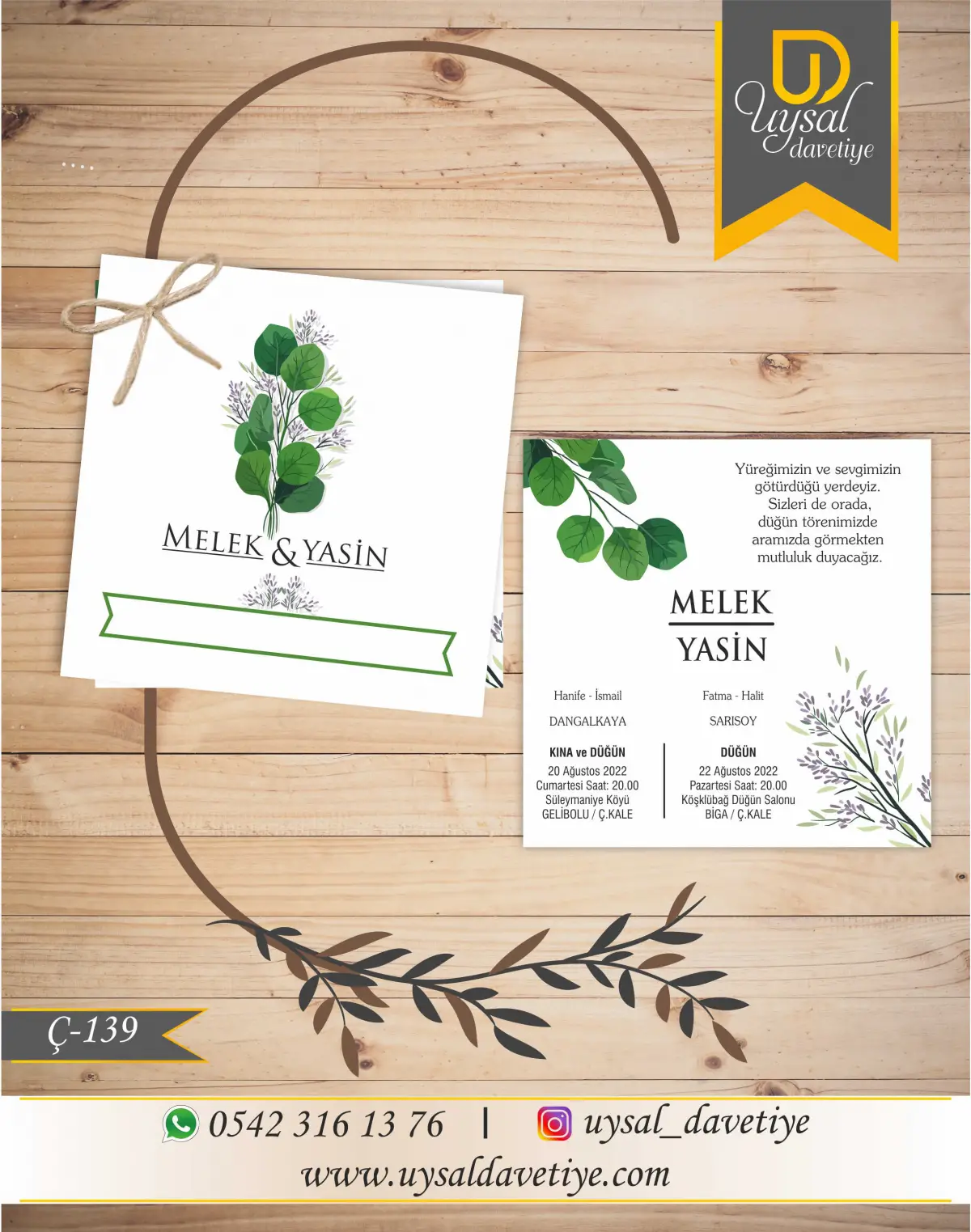 Ç-139 Yeşil Yapraklı Kare Çiftli/İpli Ekonomik Düğün Davetiyesi