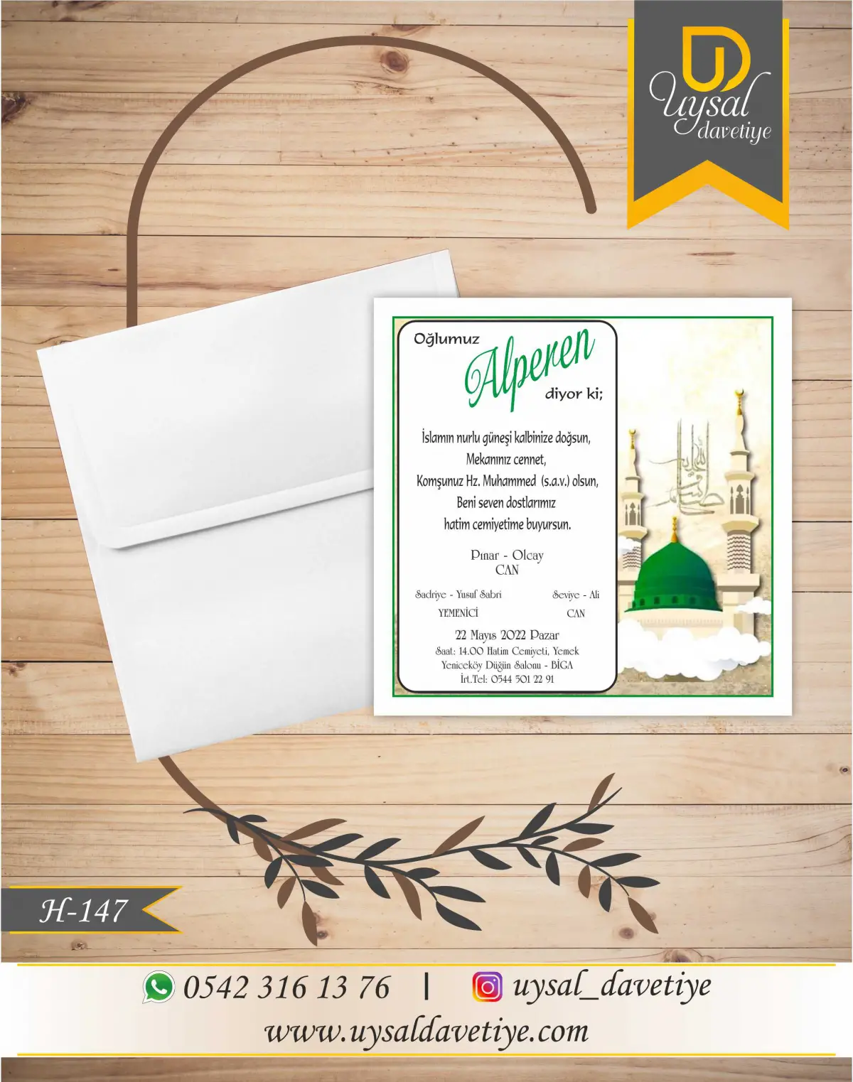 H-147 Kubbe&Minareli Kare Ekonomik Hatim Davetiyesi