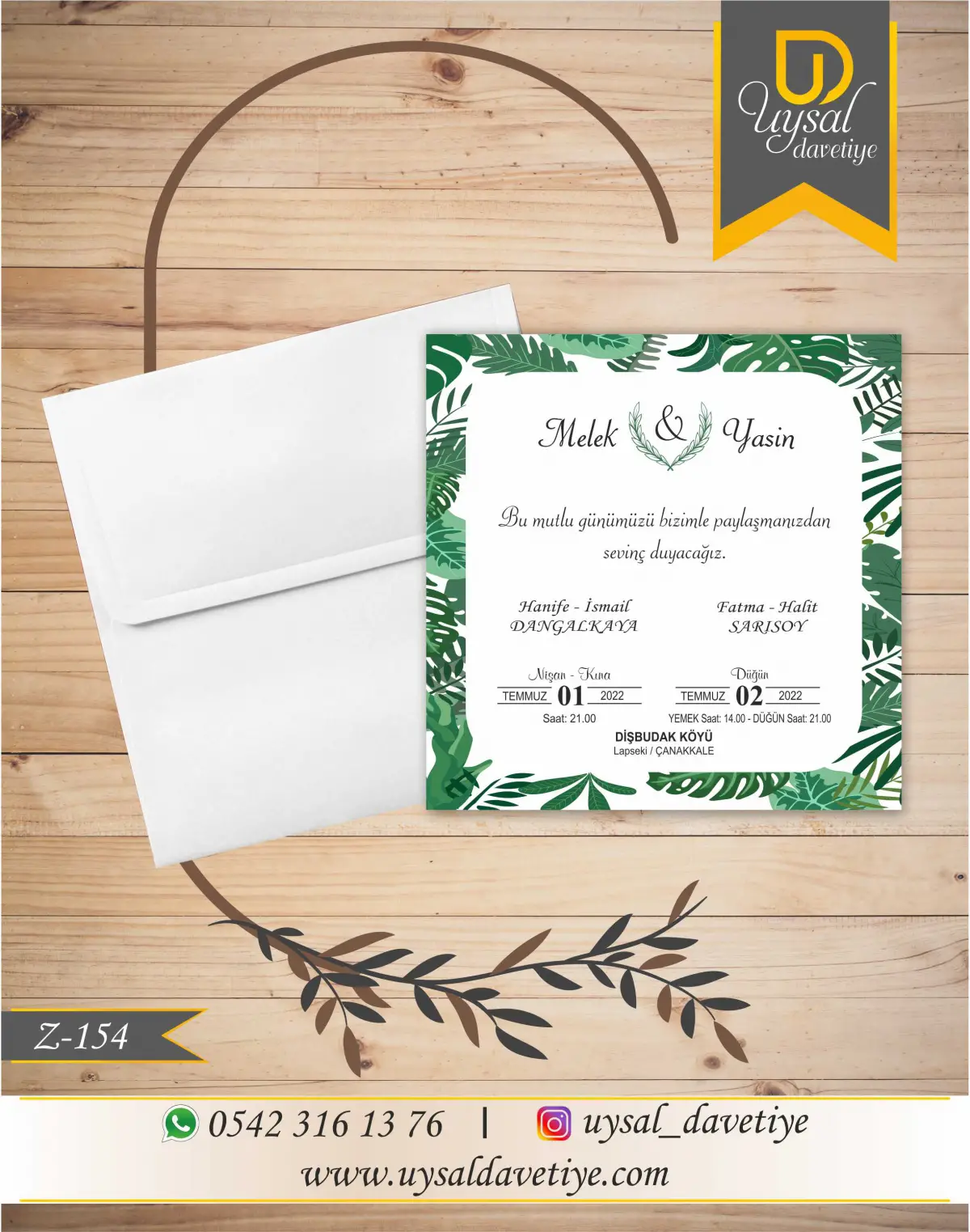 Z-154 Yaprak Çerçeveli Kare Ekonomik Düğün Davetiyesi