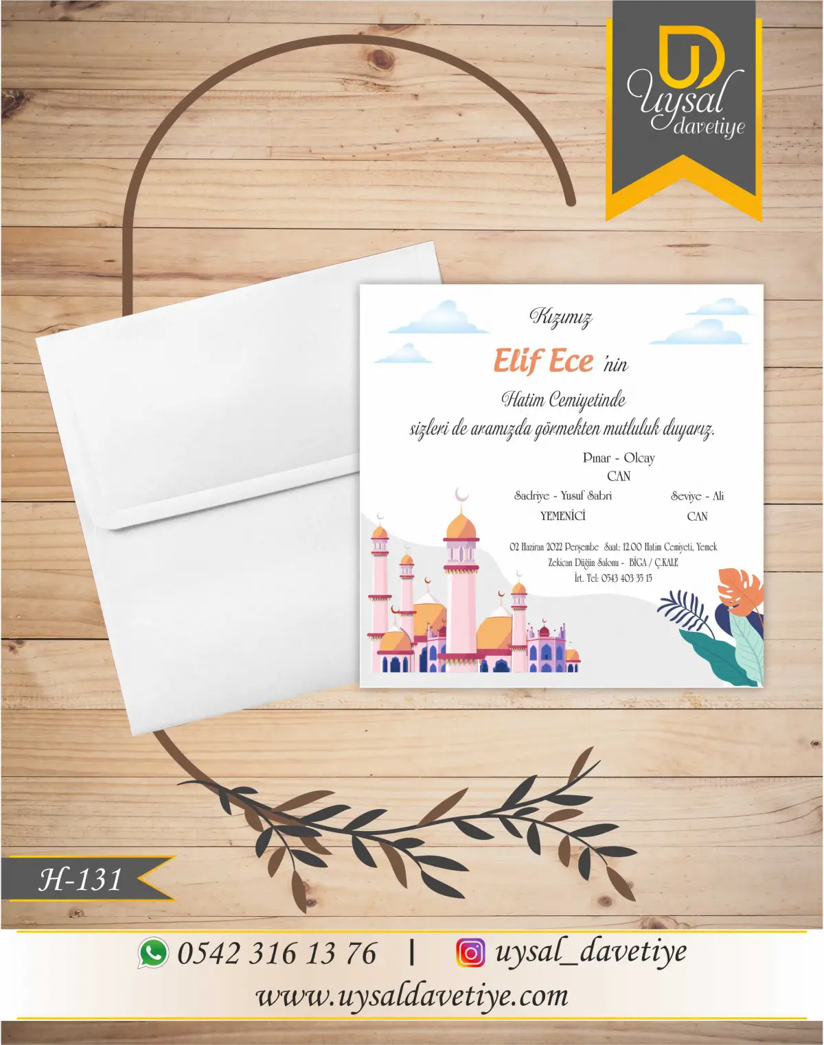 H-131 Minareli Kare Ekonomik Hatim Davetiyesi