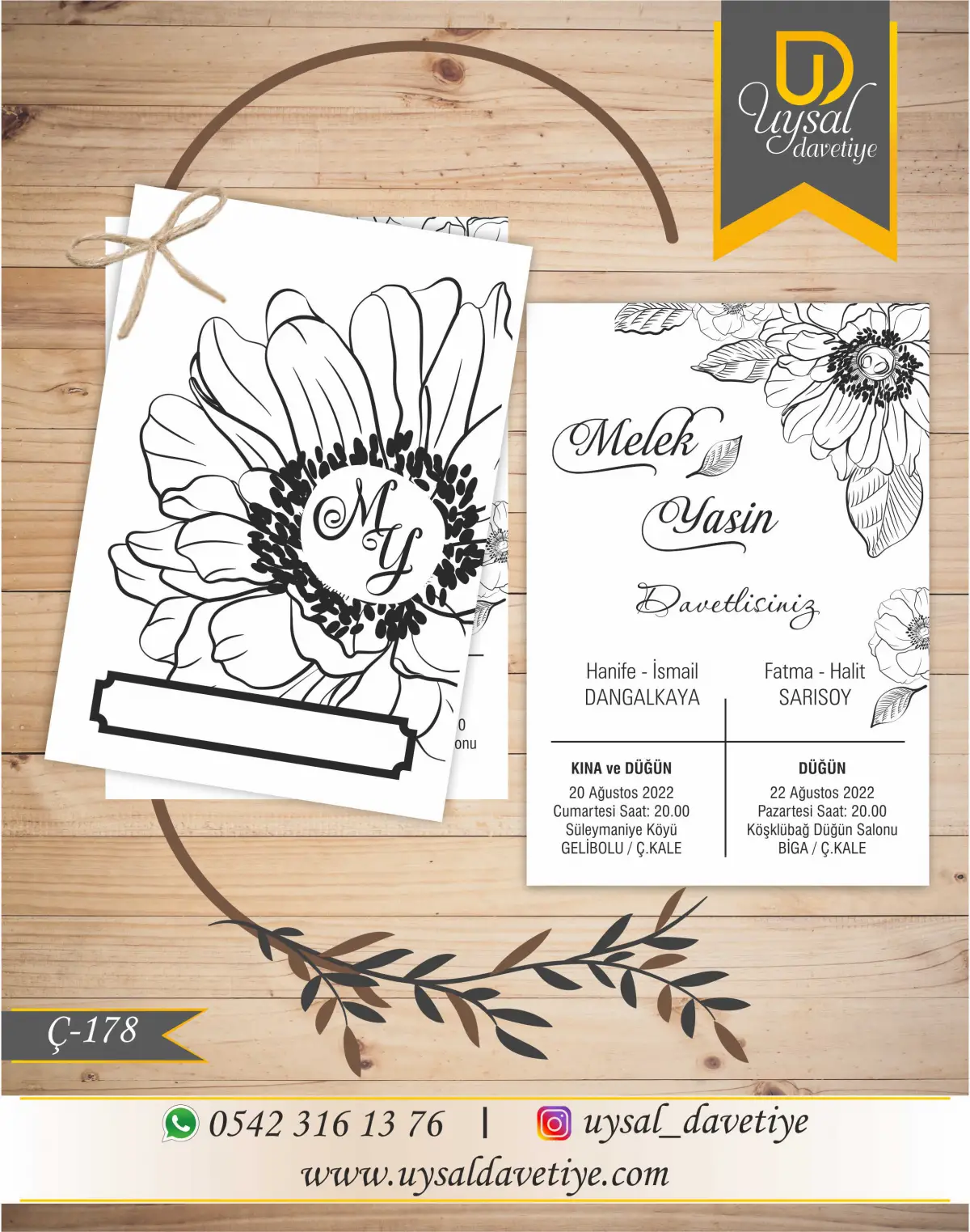 Ç-178 Çiftli/İpli Ekonomik Düğün Davetiyesi