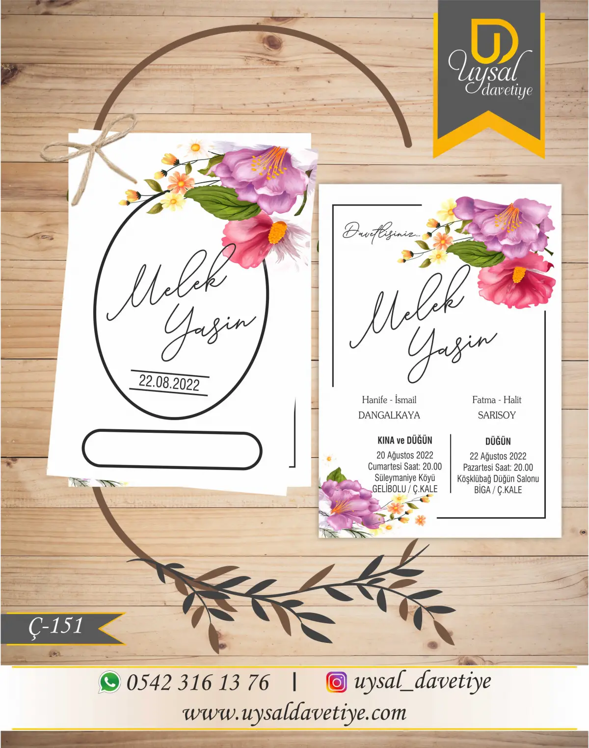 Ç-151 Çiçekli Çiftli/İpli Ekonomik Düğün Davetiyesi