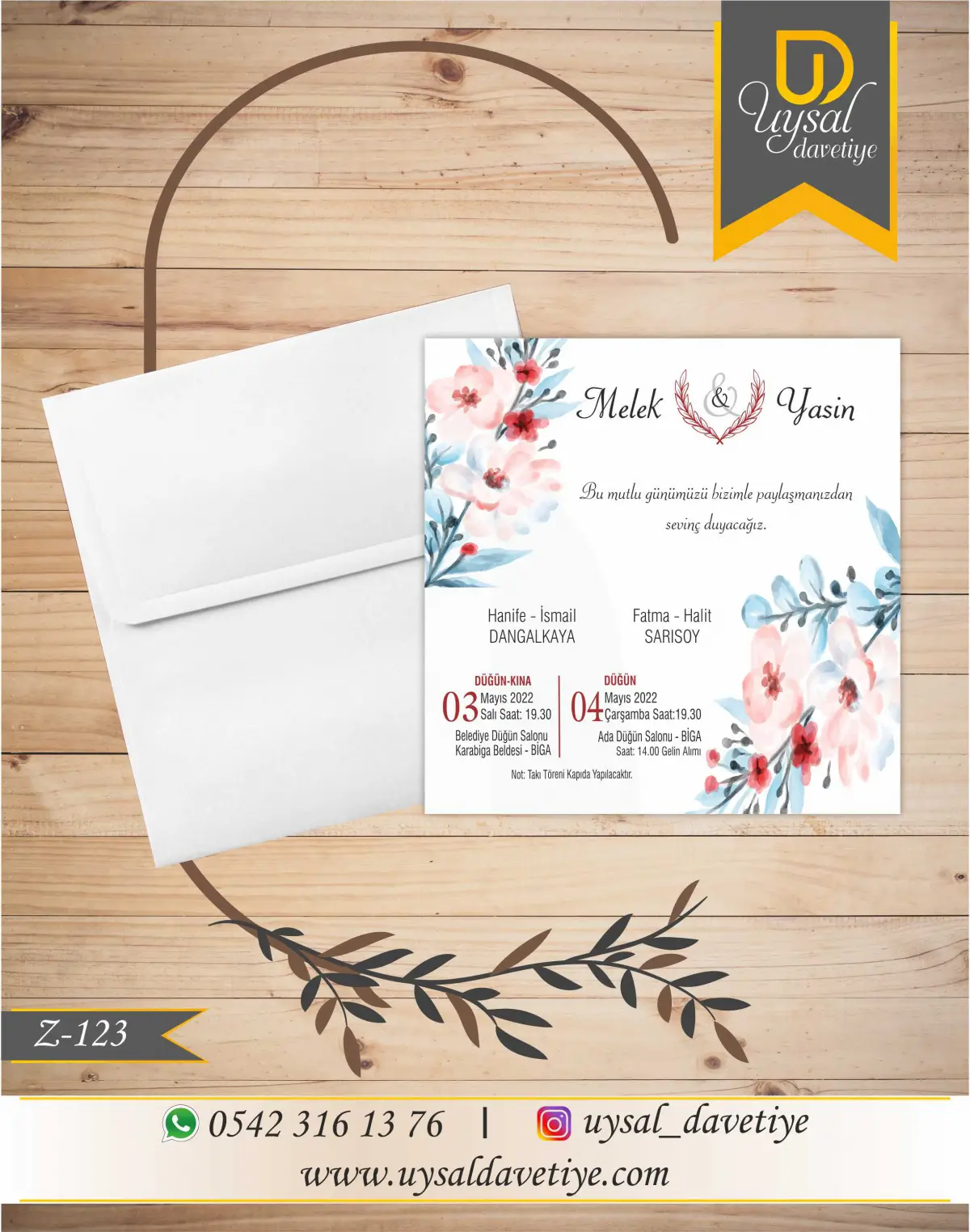 Z-123 Sulu Boya Çiçekli Kare Ekonomik Düğün Davetiyesi