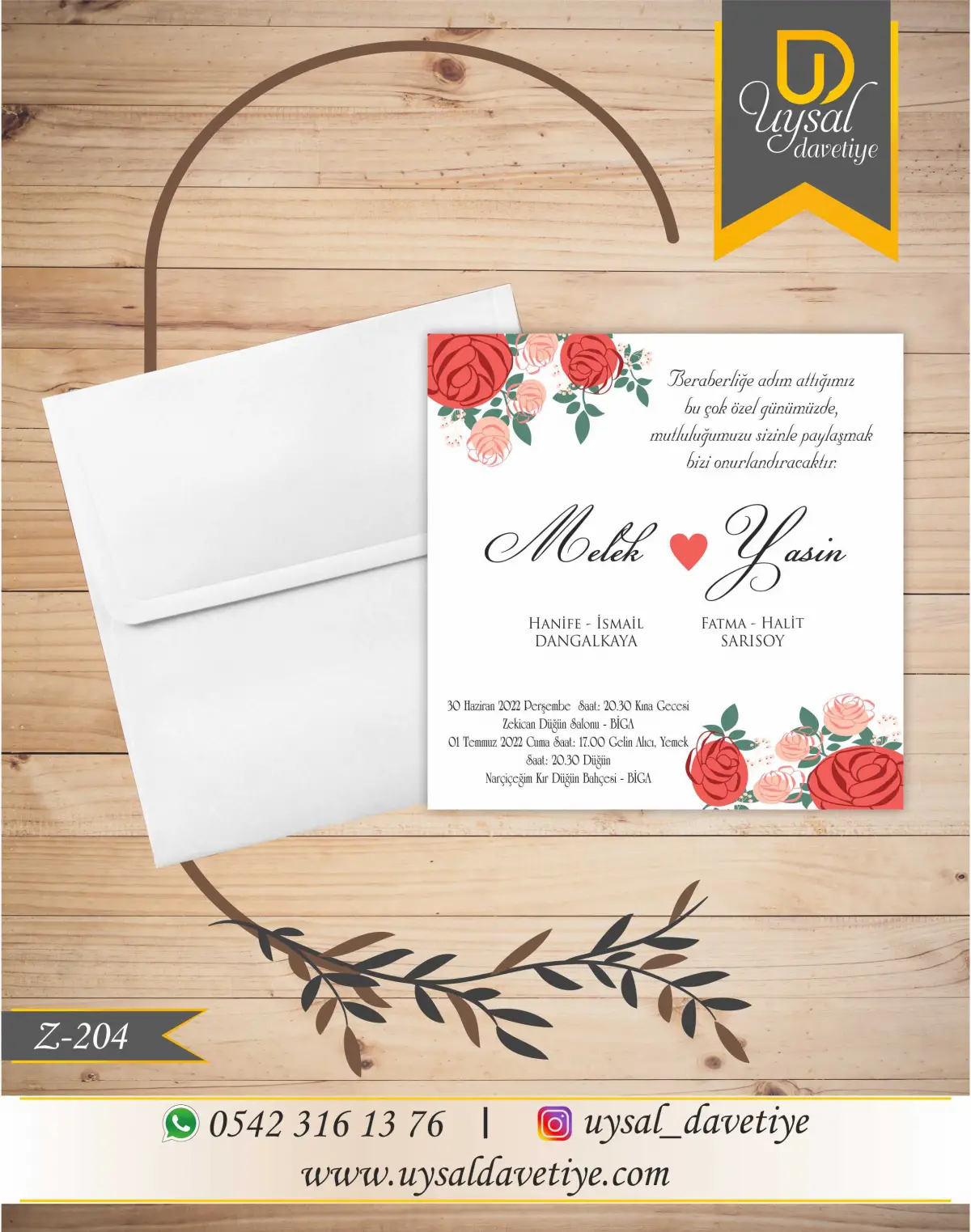 Z-204 Güllü Kare Ekonomik Düğün Davetiyesi
