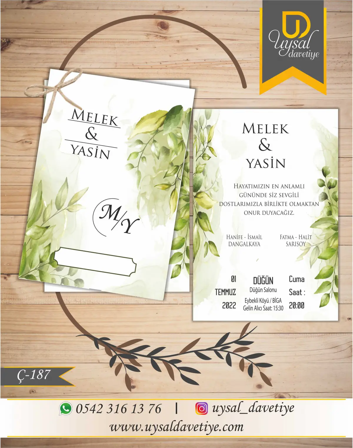 Ç-187 Sulu Boya Yeşil Yapraklı Çiftli/İpli Ekonomik Düğün Davetiyesi