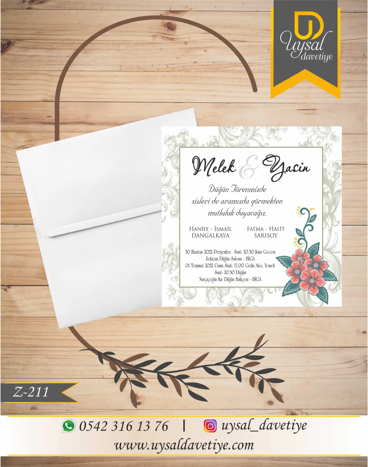 Z-211 Çiçekli Çerçeveli Kare Ekonomik Düğün Davetiyesi