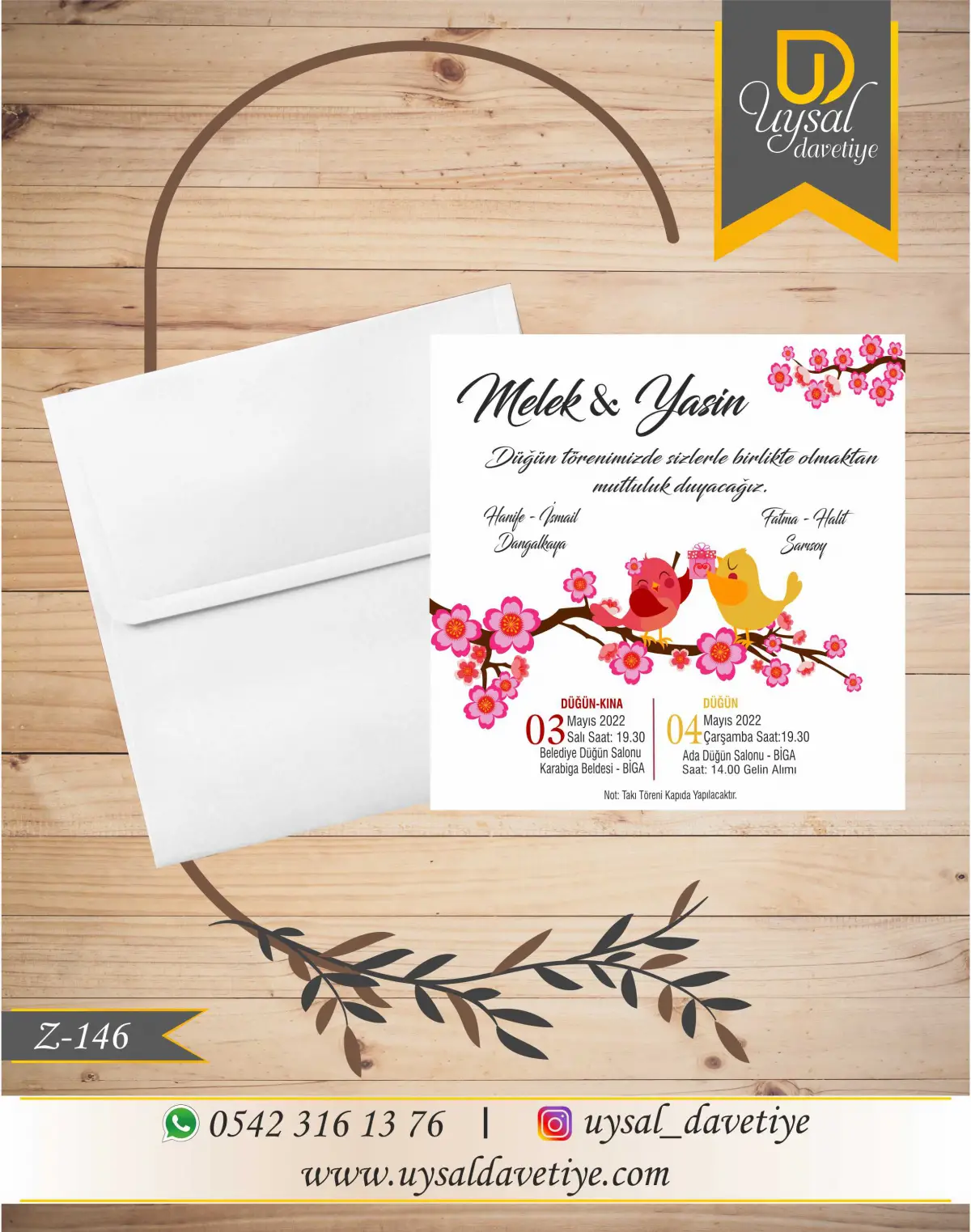 Z-146 Kuş Desenli Kare Ekonomik Düğün Davetiyesi